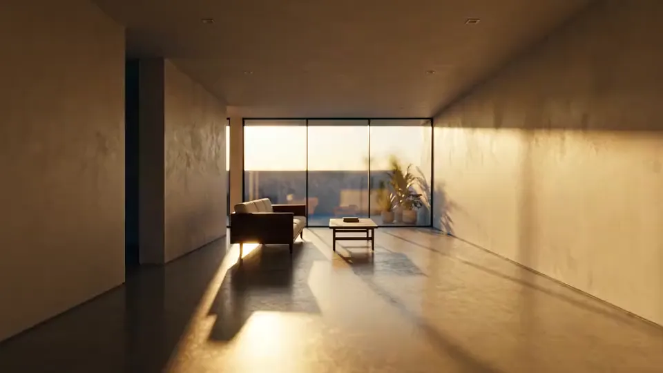 Perspectiva parada: sala de uma casa modernista com parede de vidro, ao entardecer